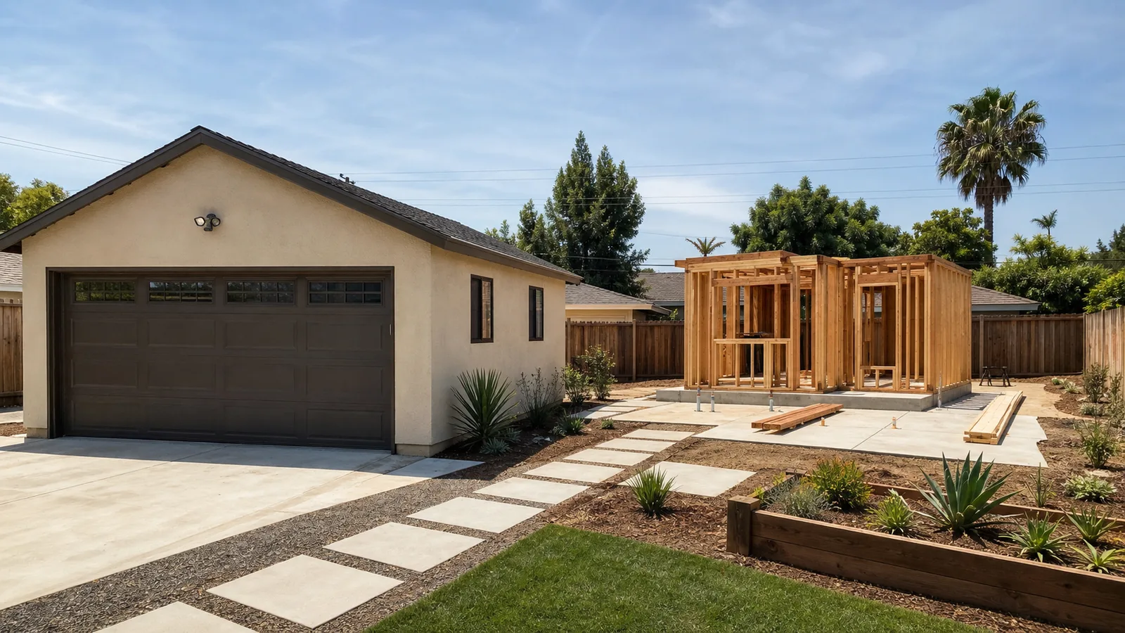 Kimmel Elite Construction ADU and garage conversion image with detached garage and backyard ADU framing under construction