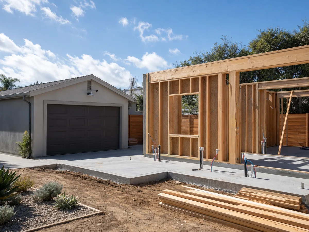 Kimmel Elite Construction backyard ADU framing near detached garage with concrete slab, utility stubs, lumber, and clean site access