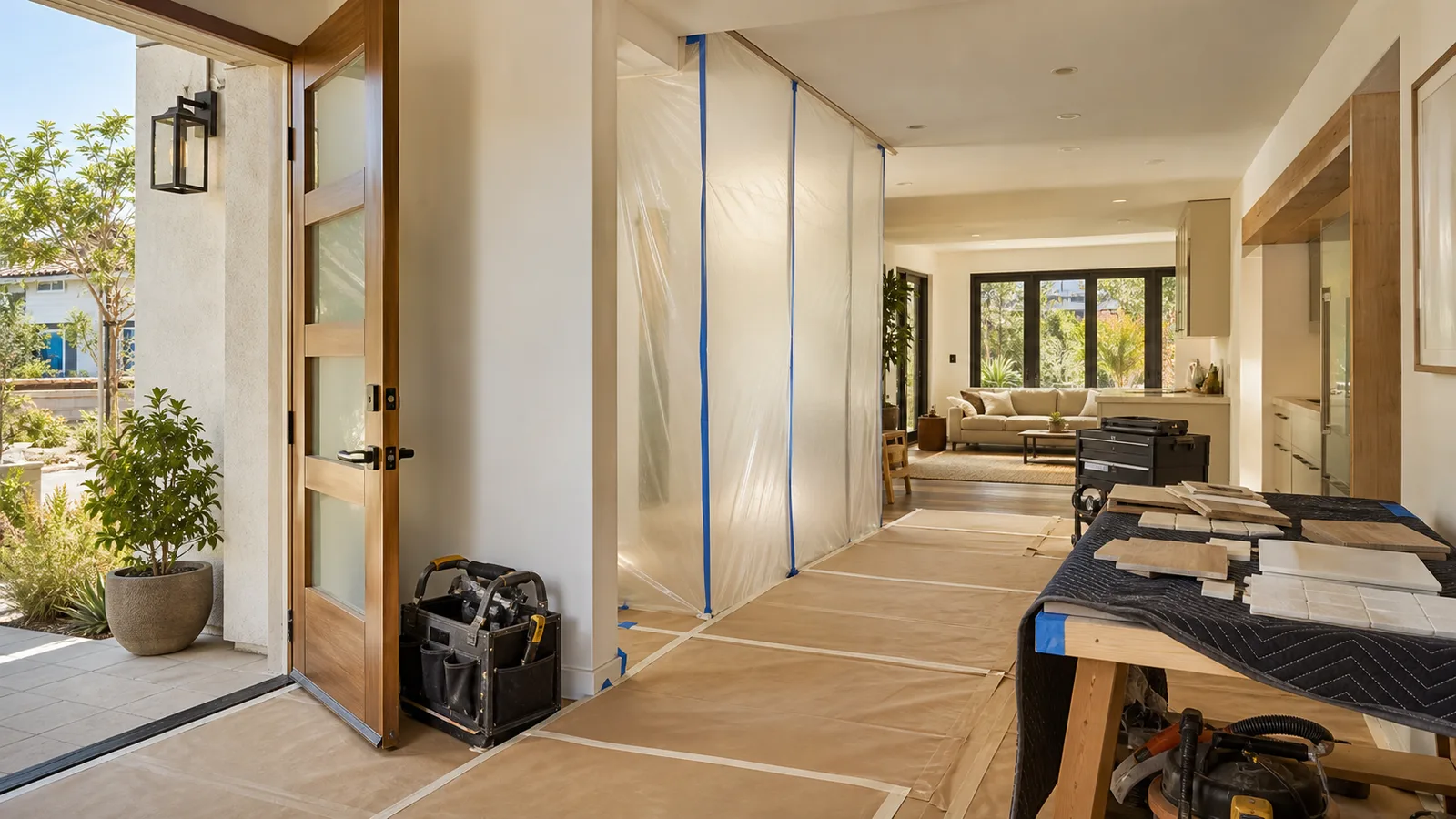 Kimmel Elite Construction family-owned general contractor image with protected remodel entry, dust barrier, staged tools, and clean access path