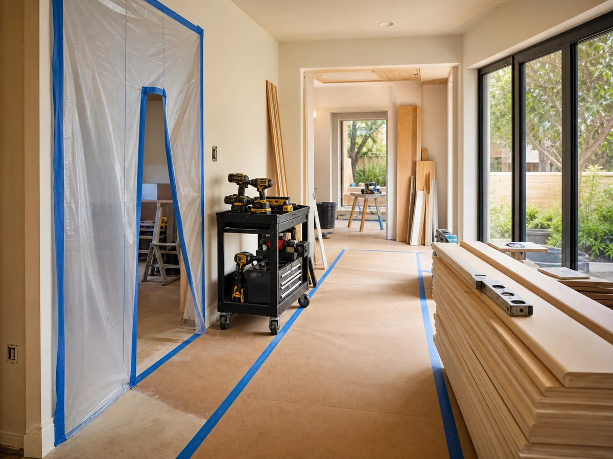Kimmel Elite Construction protected remodel work zone with dust barrier, floor covering, tool cart, lumber, and clear access path