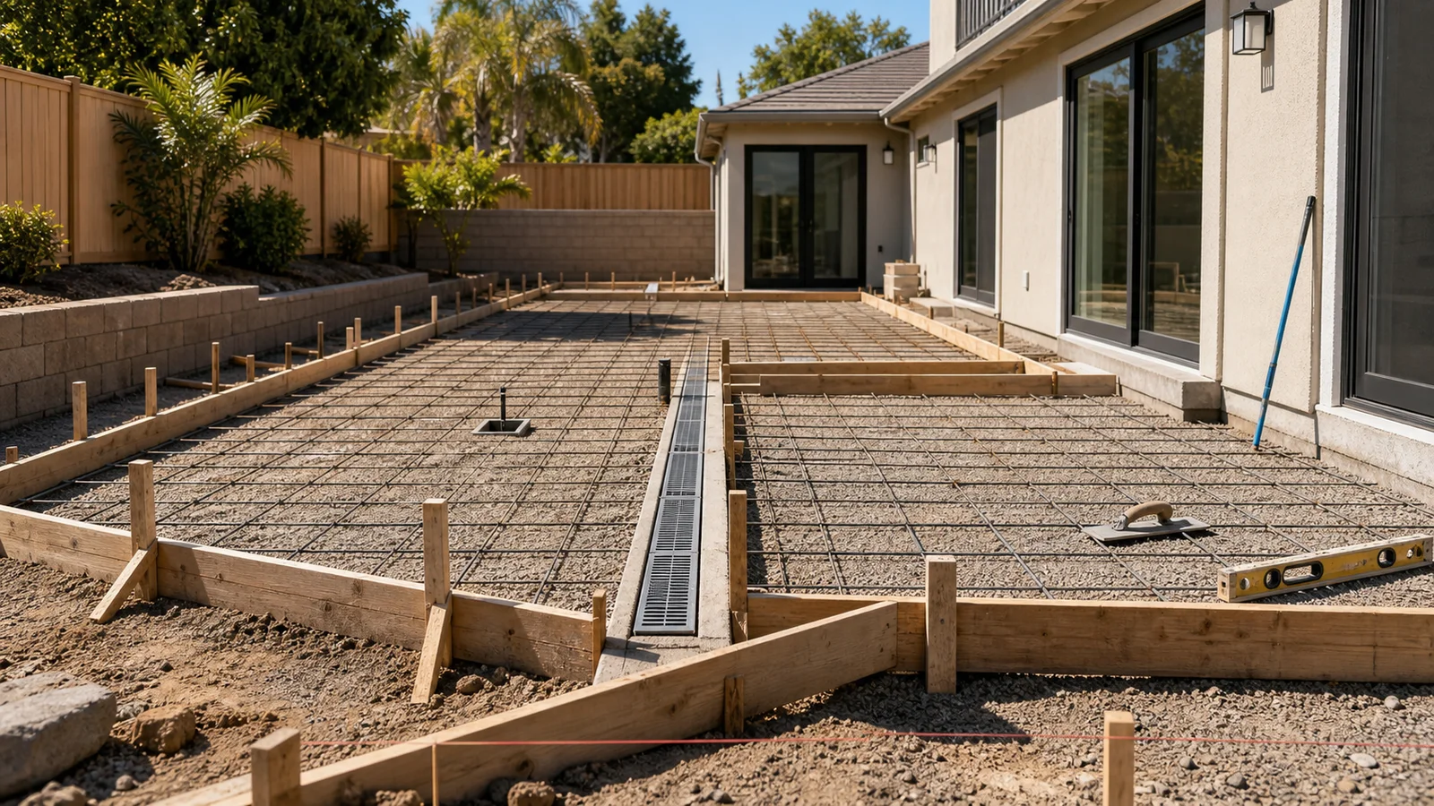 Kimmel Elite Construction concrete patio and drainage hero with forms, gravel base, reinforcement, and trench drain
