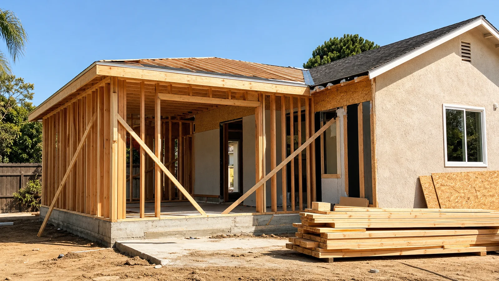 Kimmel Elite Construction home addition hero with framed structure tied into an existing San Diego County stucco home