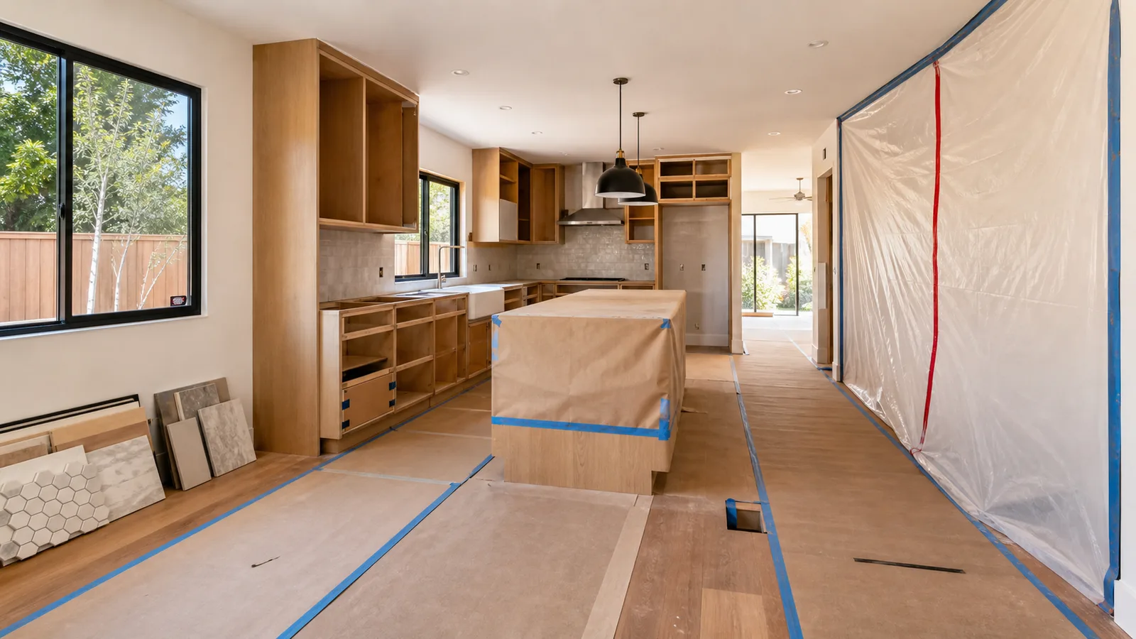 Kimmel Elite Construction kitchen remodel timeline image with protected floors, partially installed cabinets, dust barrier, and organized materials