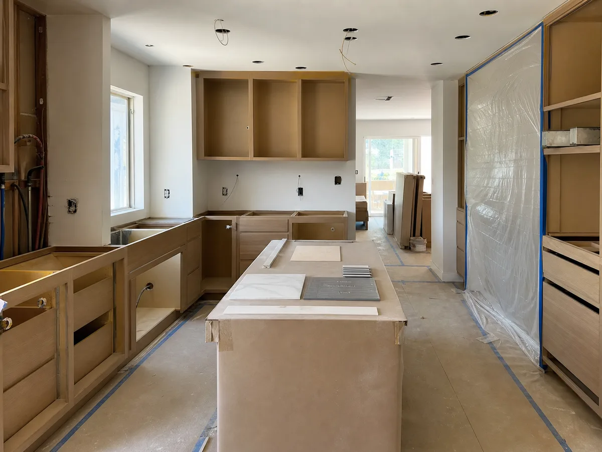 Kimmel Elite Construction kitchen remodel rough-in and cabinet installation with protected floors, staged materials, and dust barrier