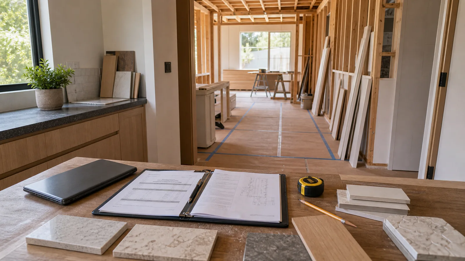 Kimmel Elite Construction contractor estimate review image with marked-up scope packet, material samples, tape measure, and active remodel framing
