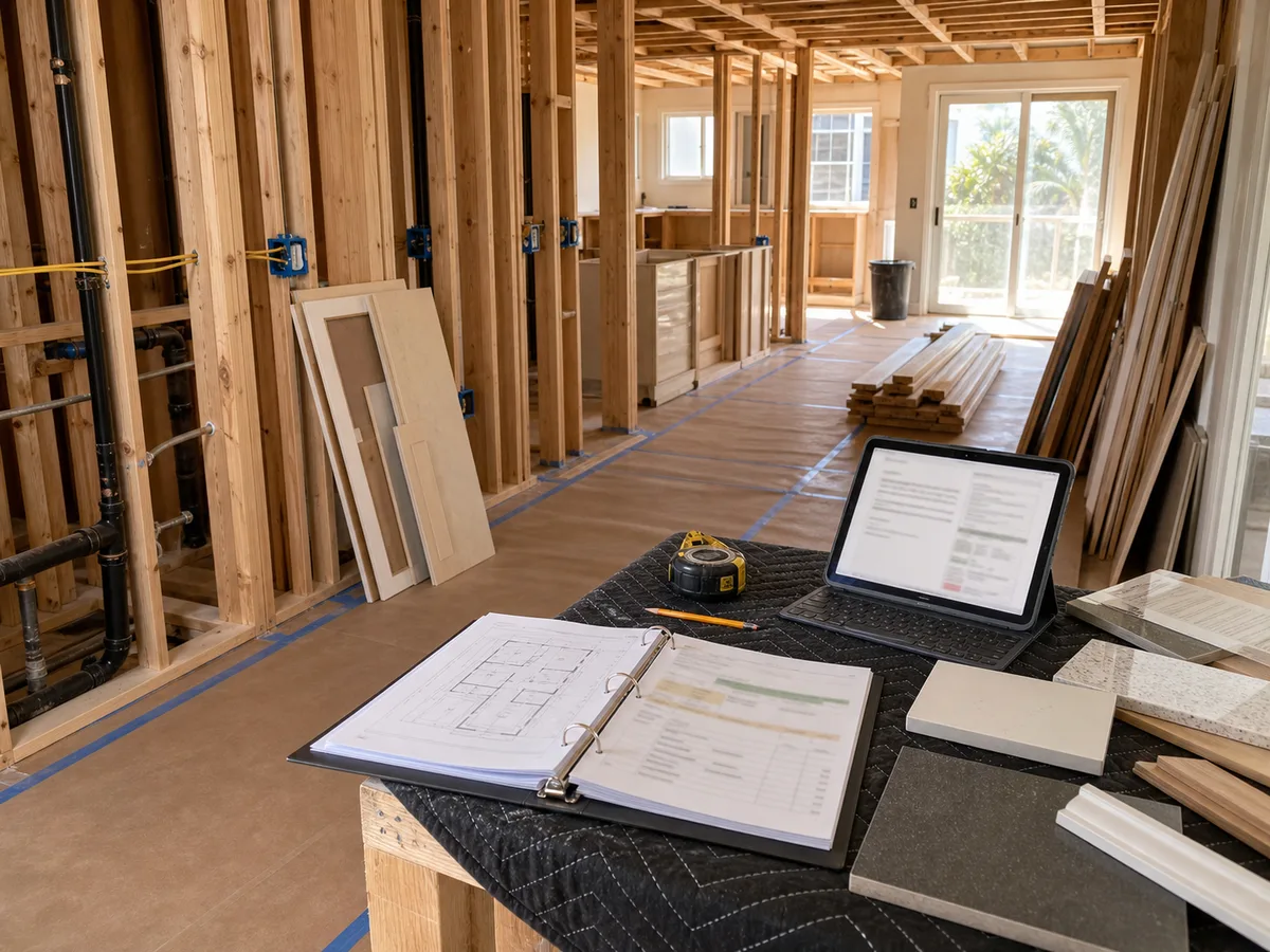 Kimmel Elite Construction estimate scope image with remodel framing, protected work area, marked-up plans, and material samples