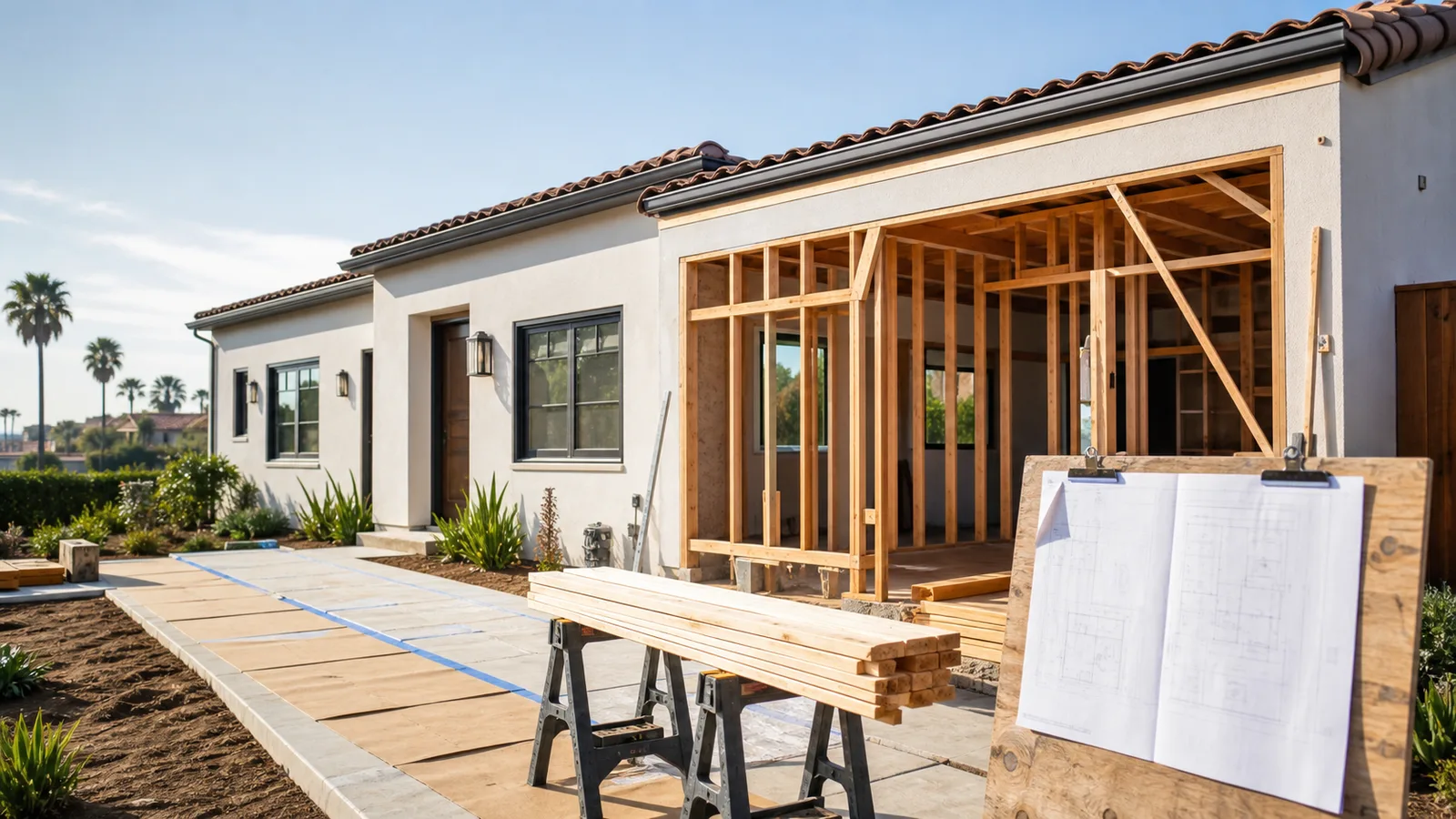 Kimmel Elite Construction San Diego remodel planning hero with framing, protected walkway, lumber, and permit planning board