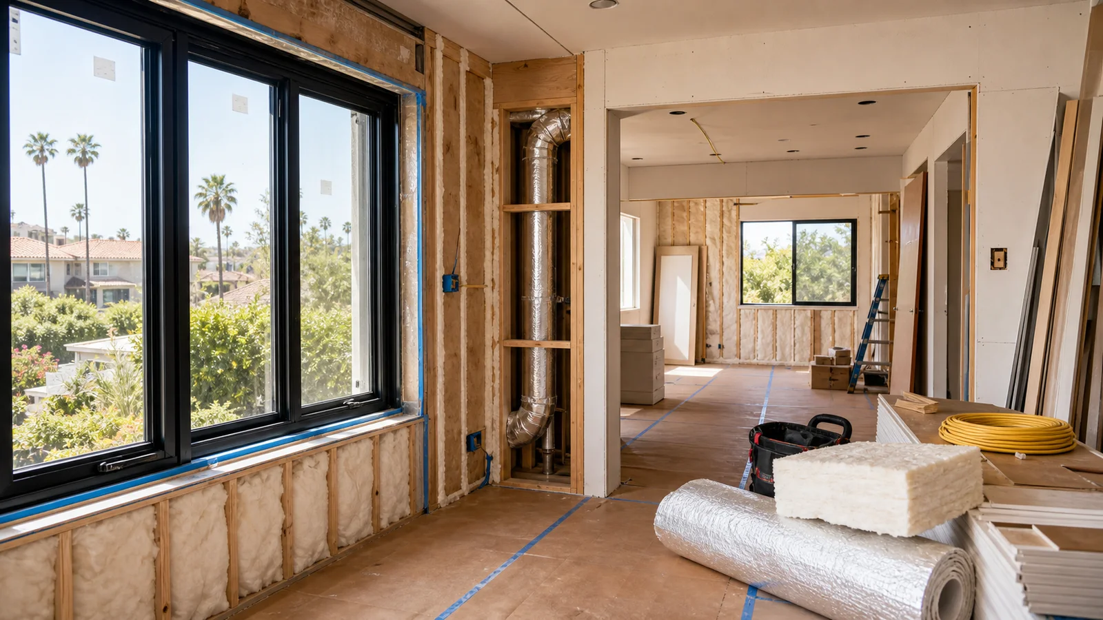 Kimmel Elite Construction Title 24 remodel hero with new window opening, insulation, framing, and weatherproofing preparation